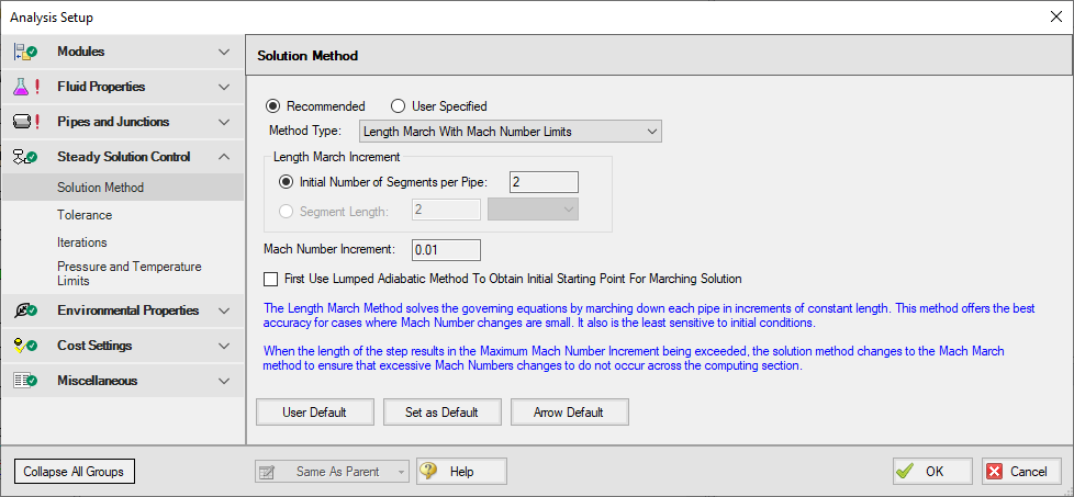The Solution Method panel allows the user to define how AFT Arrow sets the segments in the pipe during the simulation